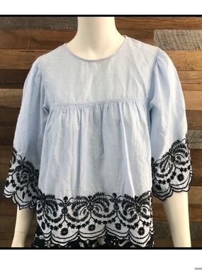 Zara Basic Blue top with Black Scalloped Embroidery Size S.